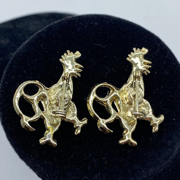 Vintage Gold Tone Roosters Brooches With Rhinestone Accents Pins Set of 2 - Picture 2 of 9